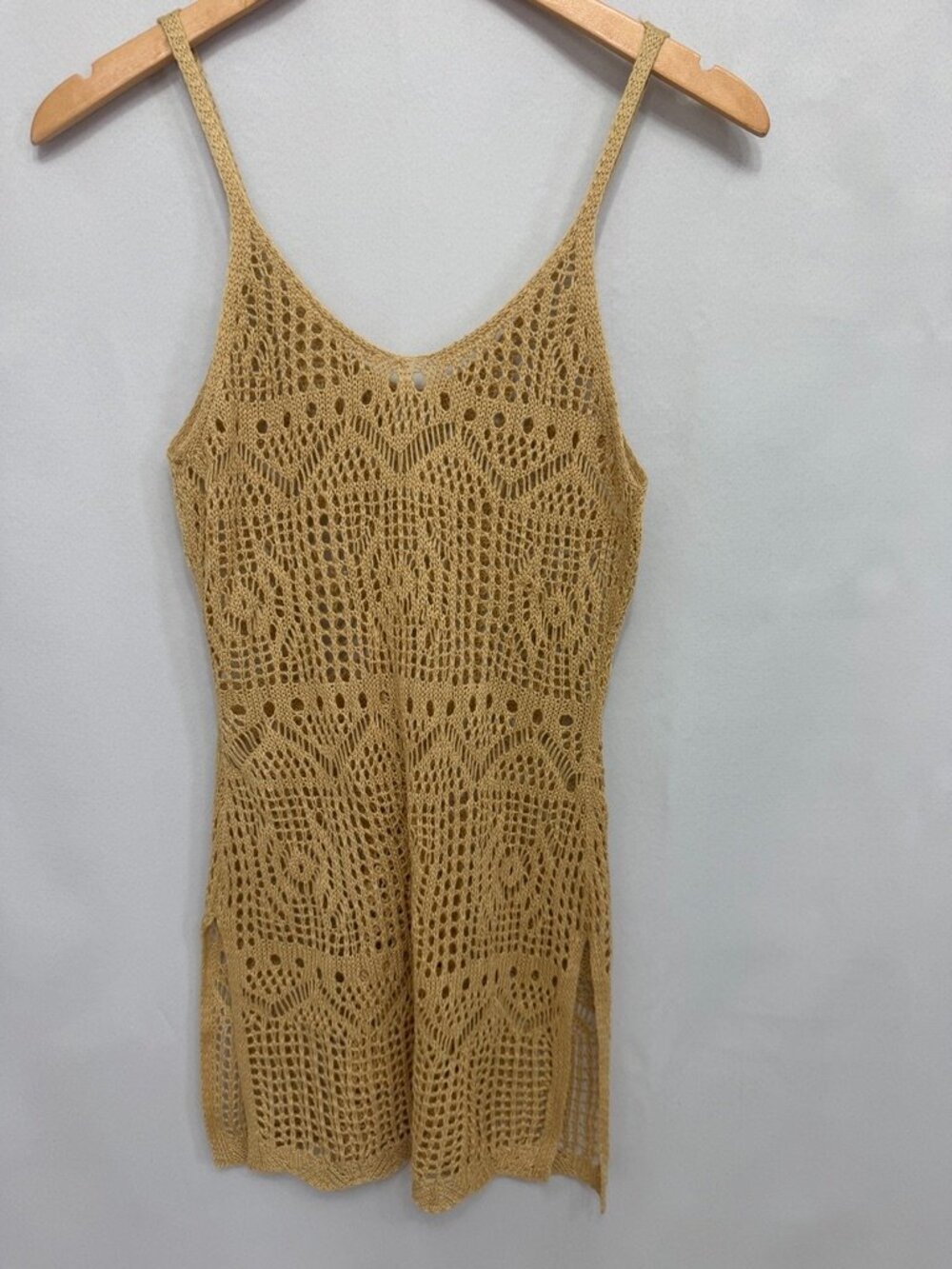 Crochet Knit Beach Cover Up Mini Dress Tan‎ Boho Open Weave